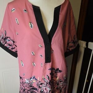 Pink Floral V-Neck Blouse Silky Feeling